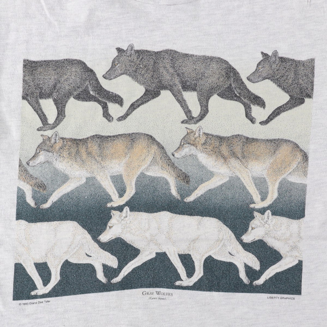90'S Hanes BEEFY-T Wolf Pattern Animal T-Shirt, Made in USA, Men's Size M (approx.) cotton pale white type Vintage Second Hand