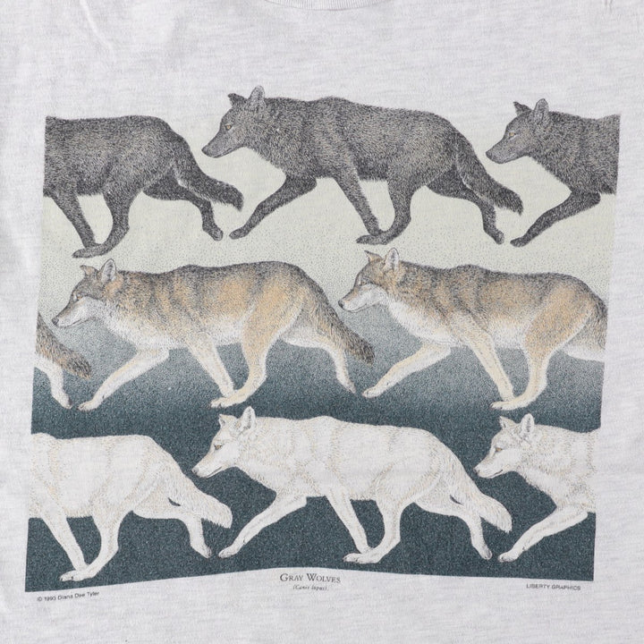 90'S Hanes BEEFY-T Wolf Pattern Animal T-Shirt, Made in USA, Men's Size M (approx.) cotton pale white type Vintage Second Hand