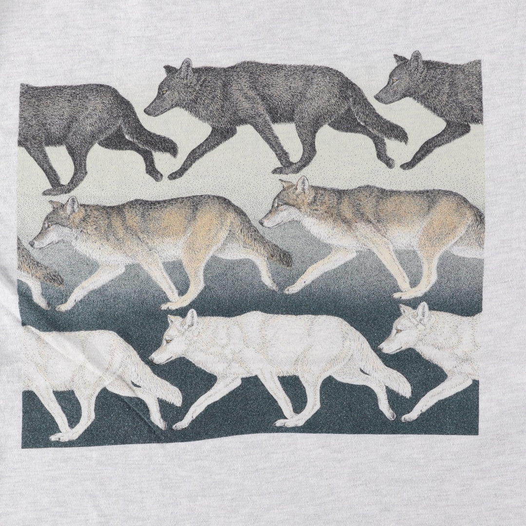 90'S Hanes BEEFY-T Wolf Pattern Animal T-Shirt, Made in USA, Men's Size M (approx.) cotton pale white type Vintage Second Hand