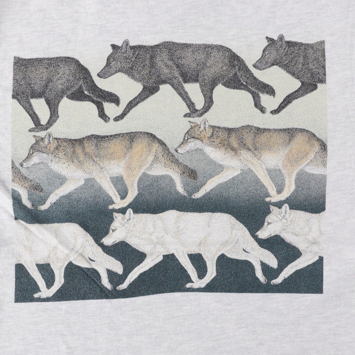 90'S Hanes BEEFY-T Wolf Pattern Animal T-Shirt, Made in USA, Men's Size M (approx.) cotton pale white type Vintage Second Hand