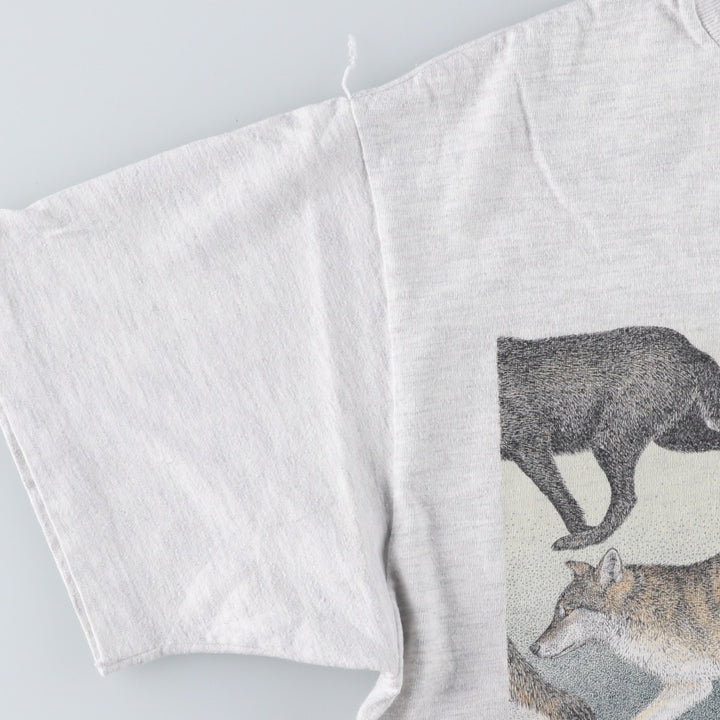 90'S Hanes BEEFY-T Wolf Pattern Animal T-Shirt, Made in USA, Men's Size M (approx.) cotton pale white type Vintage Second Hand