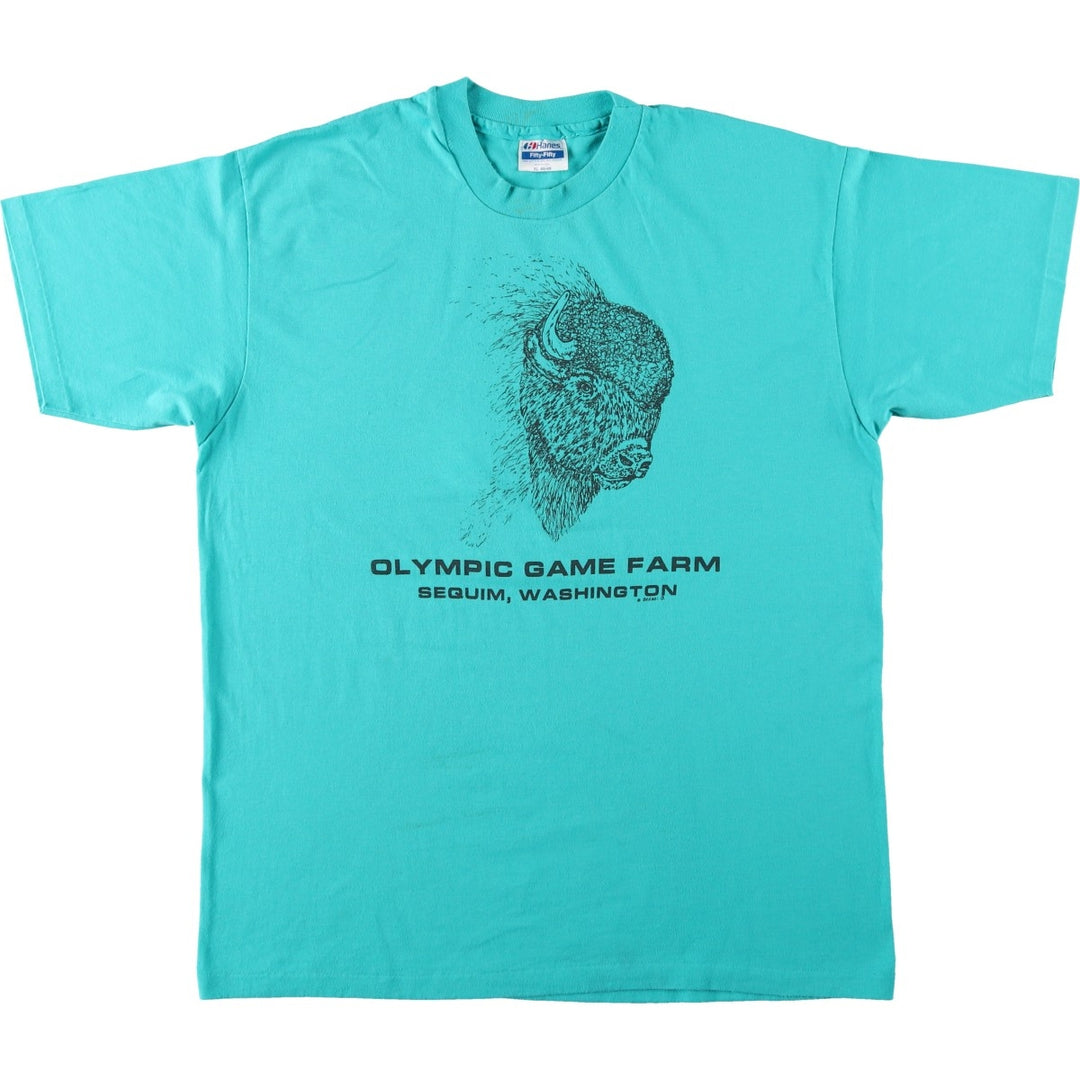 90'S Hanes Fifty-Fifty Blue Tag Bison Pattern Animal T-Shirt, Made in USA, Men's XL equivalent, Vintage cotton Blue type light blue Vintage Second Hand