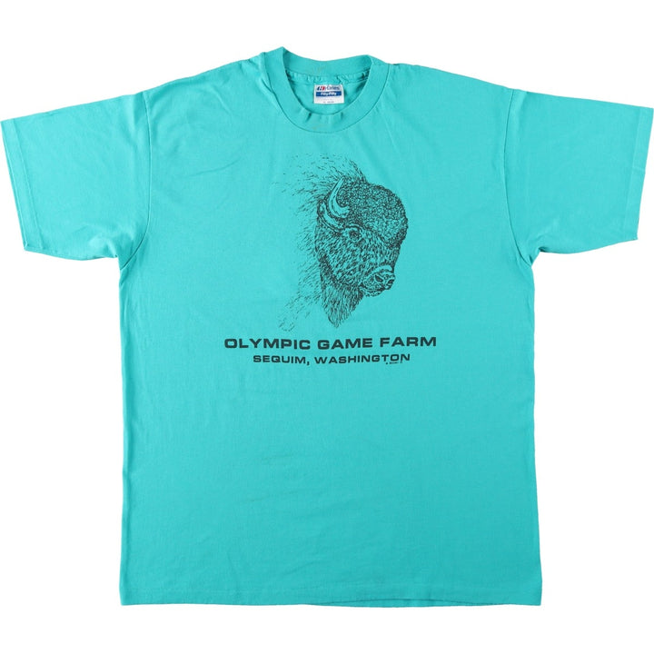 90'S Hanes Fifty-Fifty Blue Tag Bison Pattern Animal T-Shirt, Made in USA, Men's XL equivalent, Vintage cotton Blue type light blue Vintage Second Hand