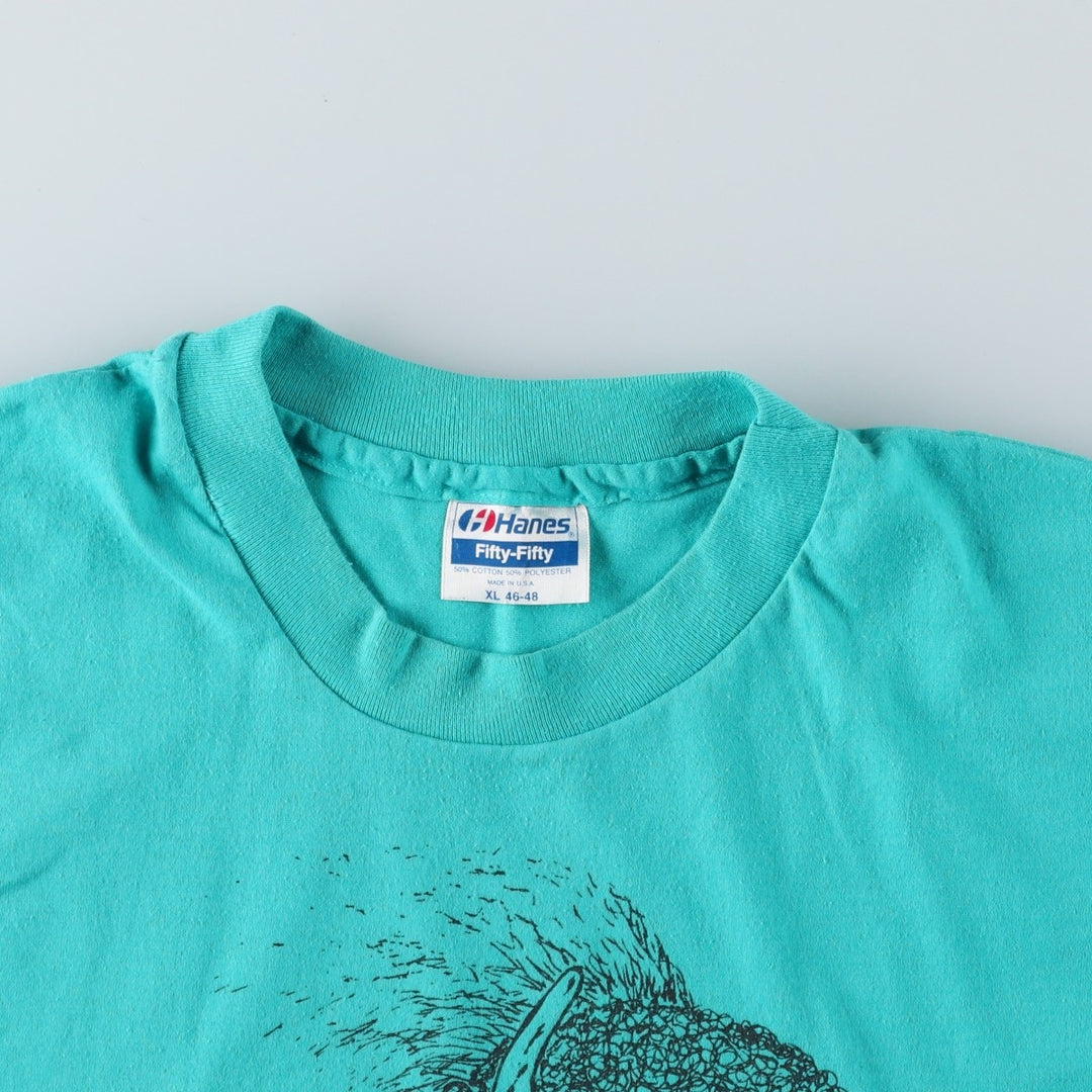 90'S Hanes Fifty-Fifty Blue Tag Bison Pattern Animal T-Shirt, Made in USA, Men's XL equivalent, Vintage cotton Blue type light blue Vintage Second Hand