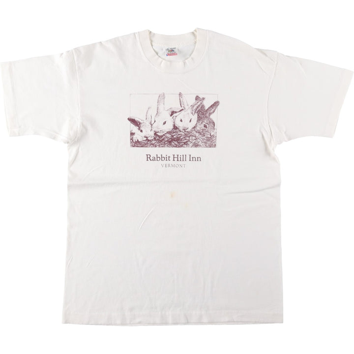 90'S Fruit of the Loom Rabbit Pattern Animal T-Shirt, Made in USA, Men's Size L (approx.), Vintage cotton white type Vintage Second Hand