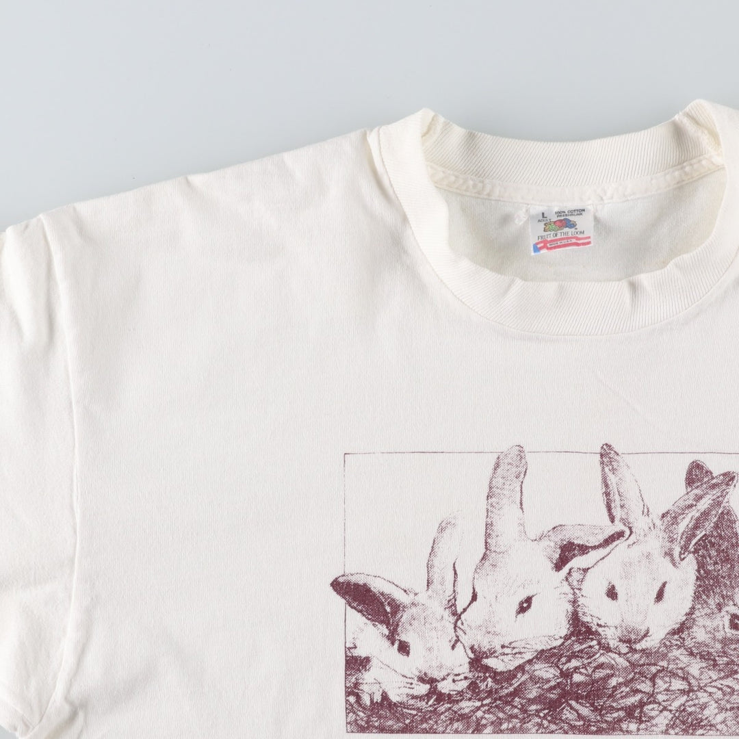 90'S Fruit of the Loom Rabbit Pattern Animal T-Shirt, Made in USA, Men's Size L (approx.), Vintage cotton white type Vintage Second Hand
