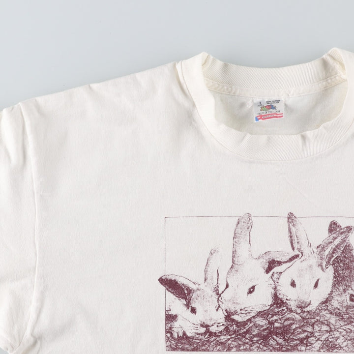 90'S Fruit of the Loom Rabbit Pattern Animal T-Shirt, Made in USA, Men's Size L (approx.), Vintage cotton white type Vintage Second Hand