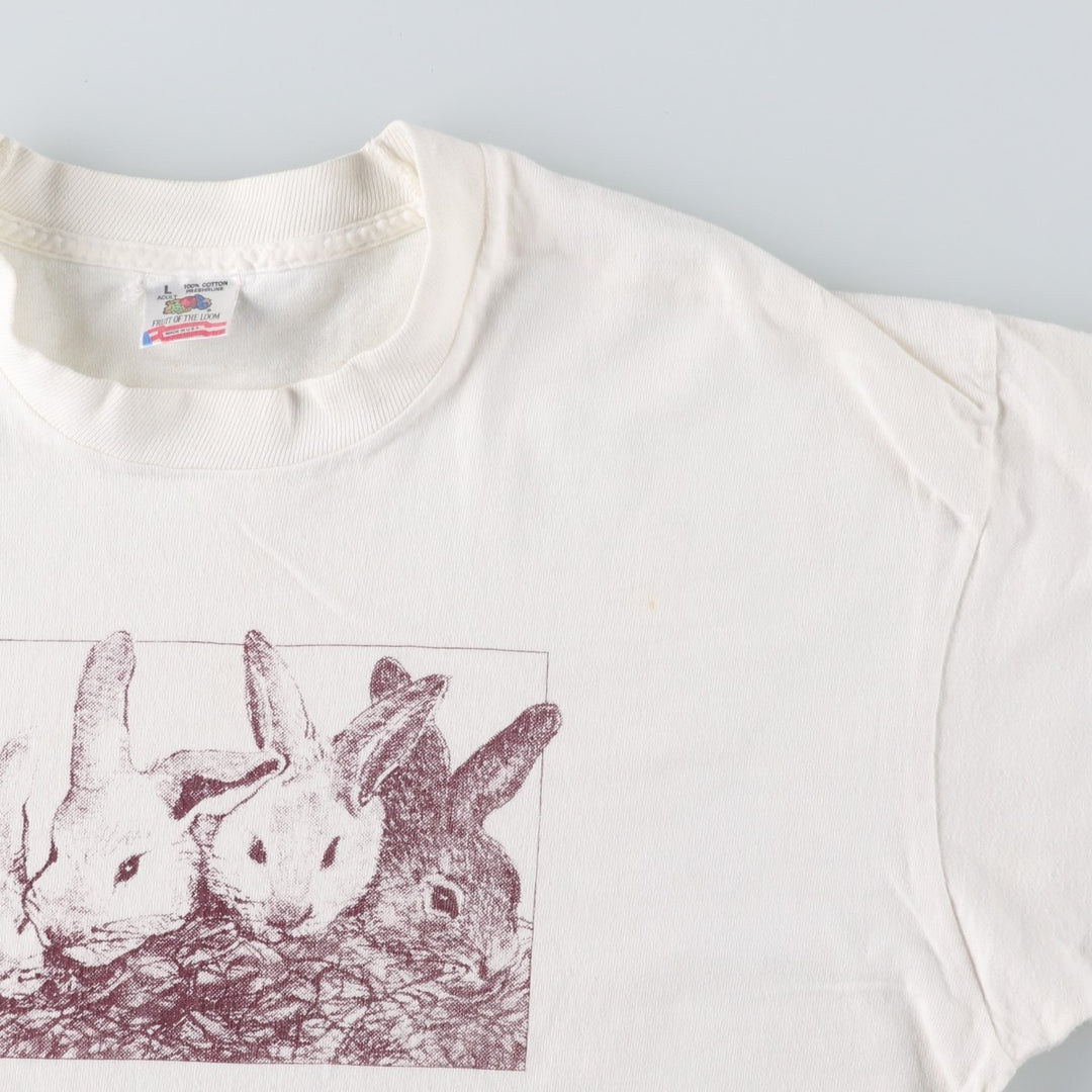 90'S Fruit of the Loom Rabbit Pattern Animal T-Shirt, Made in USA, Men's Size L (approx.), Vintage cotton white type Vintage Second Hand
