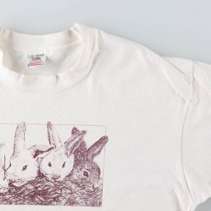 90'S Fruit of the Loom Rabbit Pattern Animal T-Shirt, Made in USA, Men's Size L (approx.), Vintage cotton white type Vintage Second Hand