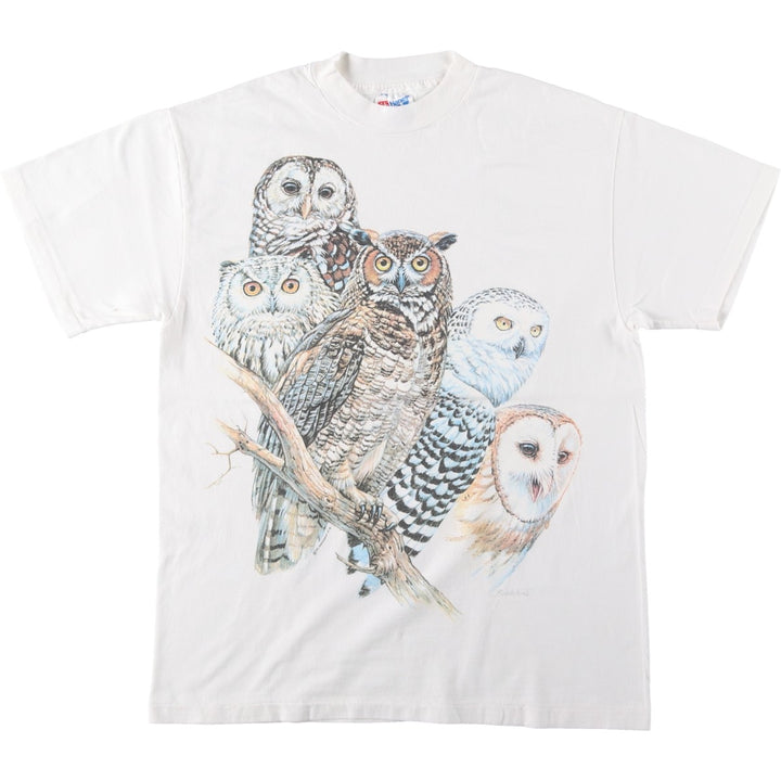 90'S Hanes BEEFY-T Owl Pattern Animal T-Shirt, Made in USA, Men's Size M (approx.), Vintage cotton white type Vintage Second Hand