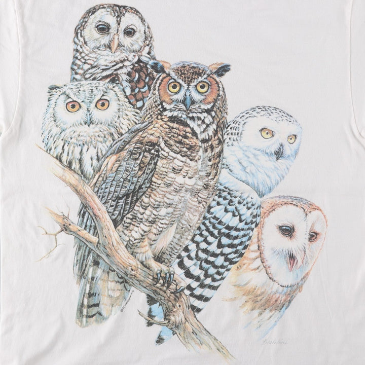 90'S Hanes BEEFY-T Owl Pattern Animal T-Shirt, Made in USA, Men's Size M (approx.), Vintage cotton white type Vintage Second Hand