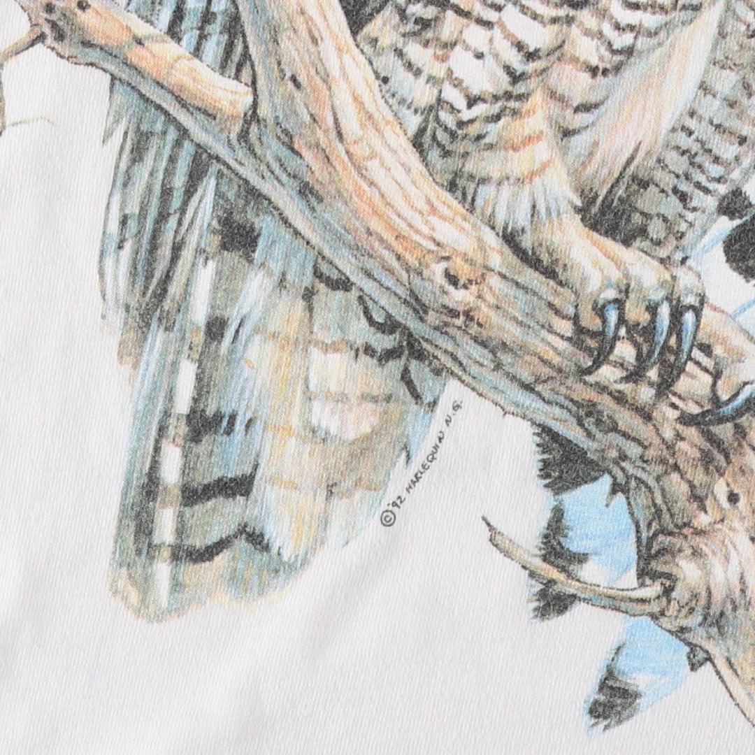 90'S Hanes BEEFY-T Owl Pattern Animal T-Shirt, Made in USA, Men's Size M (approx.), Vintage cotton white type Vintage Second Hand
