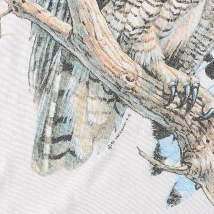 90'S Hanes BEEFY-T Owl Pattern Animal T-Shirt, Made in USA, Men's Size M (approx.), Vintage cotton white type Vintage Second Hand