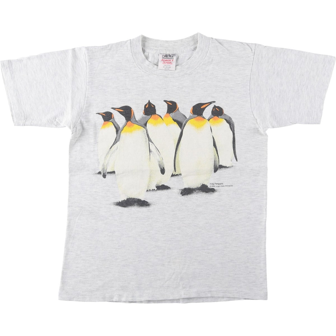 90'S ONEITA POWER-T Penguin Pattern Animal T-Shirt, Made in USA, Men's Size M (Equivalent), Vintage cotton gray type Vintage Second Hand