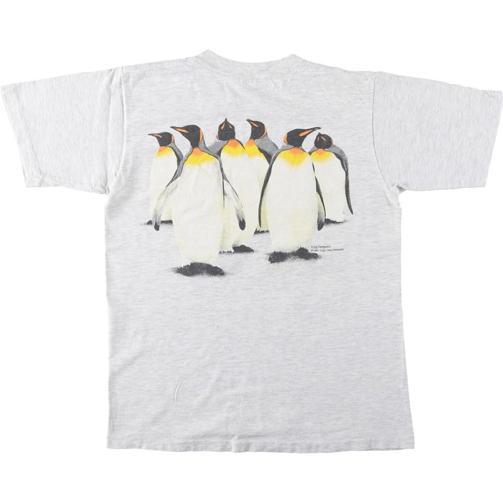 90'S ONEITA POWER-T Penguin Pattern Animal T-Shirt, Made in USA, Men's Size M (Equivalent), Vintage cotton gray type Vintage Second Hand