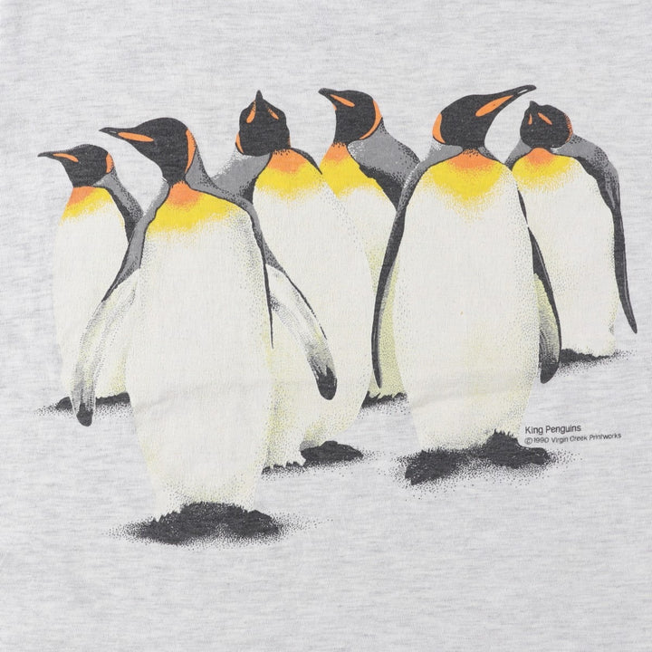 90'S ONEITA POWER-T Penguin Pattern Animal T-Shirt, Made in USA, Men's Size M (Equivalent), Vintage cotton gray type Vintage Second Hand