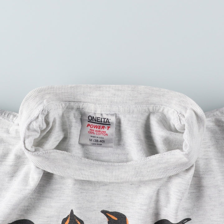 90'S ONEITA POWER-T Penguin Pattern Animal T-Shirt, Made in USA, Men's Size M (Equivalent), Vintage cotton gray type Vintage Second Hand