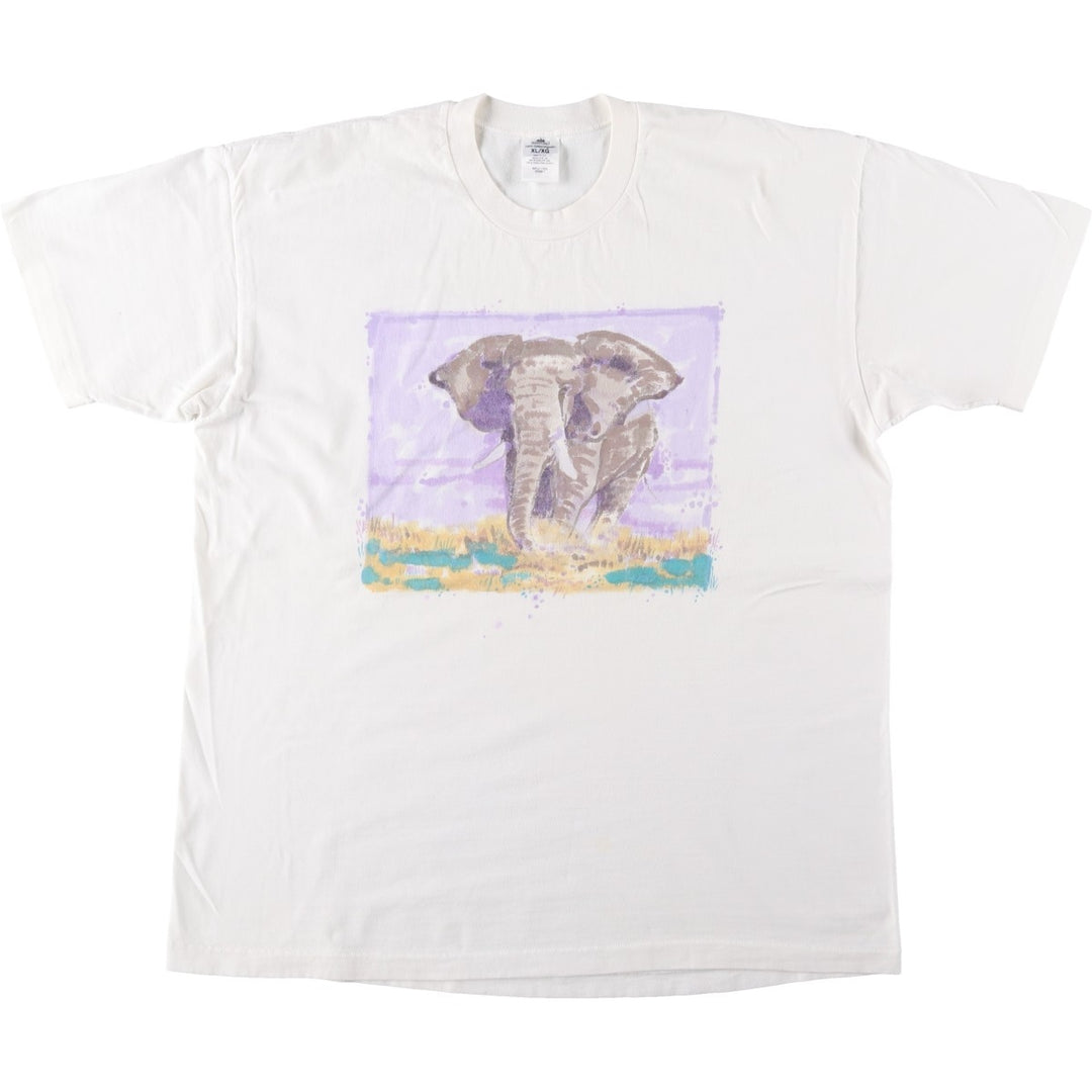 STAFFORD Elephant Pattern Animal T-Shirt, Made in USA, Men's XL (approx.) cotton white type Vintage Second Hand