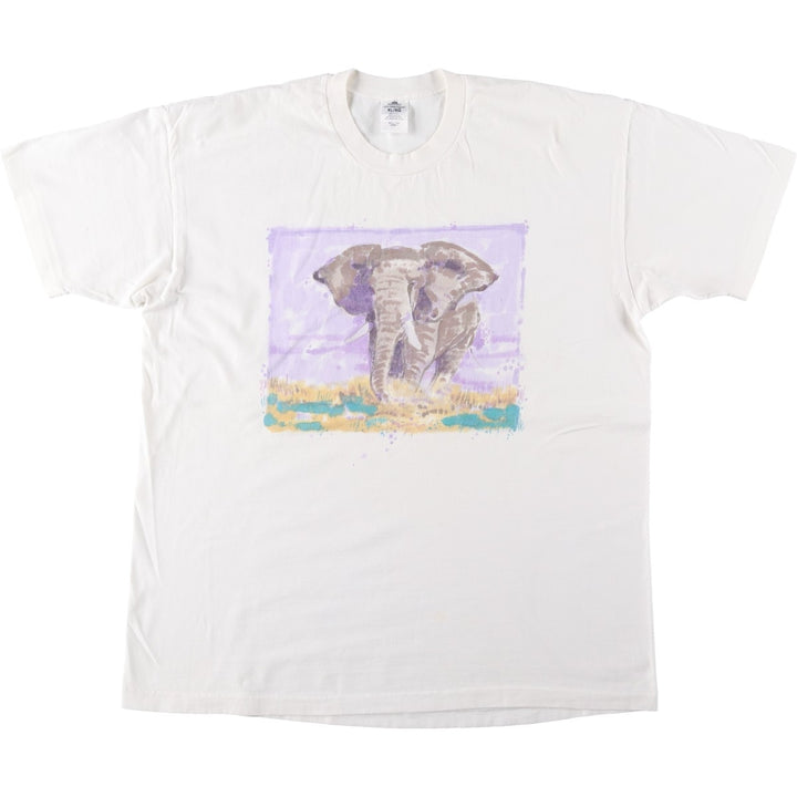 STAFFORD Elephant Pattern Animal T-Shirt, Made in USA, Men's XL (approx.) cotton white type Vintage Second Hand
