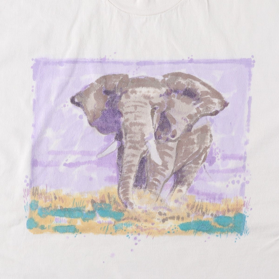 STAFFORD Elephant Pattern Animal T-Shirt, Made in USA, Men's XL (approx.) cotton white type Vintage Second Hand
