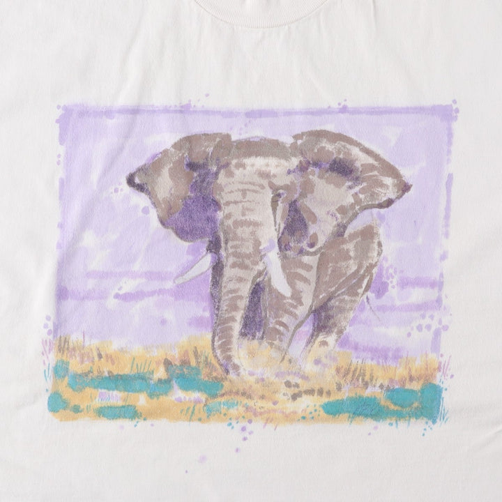 STAFFORD Elephant Pattern Animal T-Shirt, Made in USA, Men's XL (approx.) cotton white type Vintage Second Hand