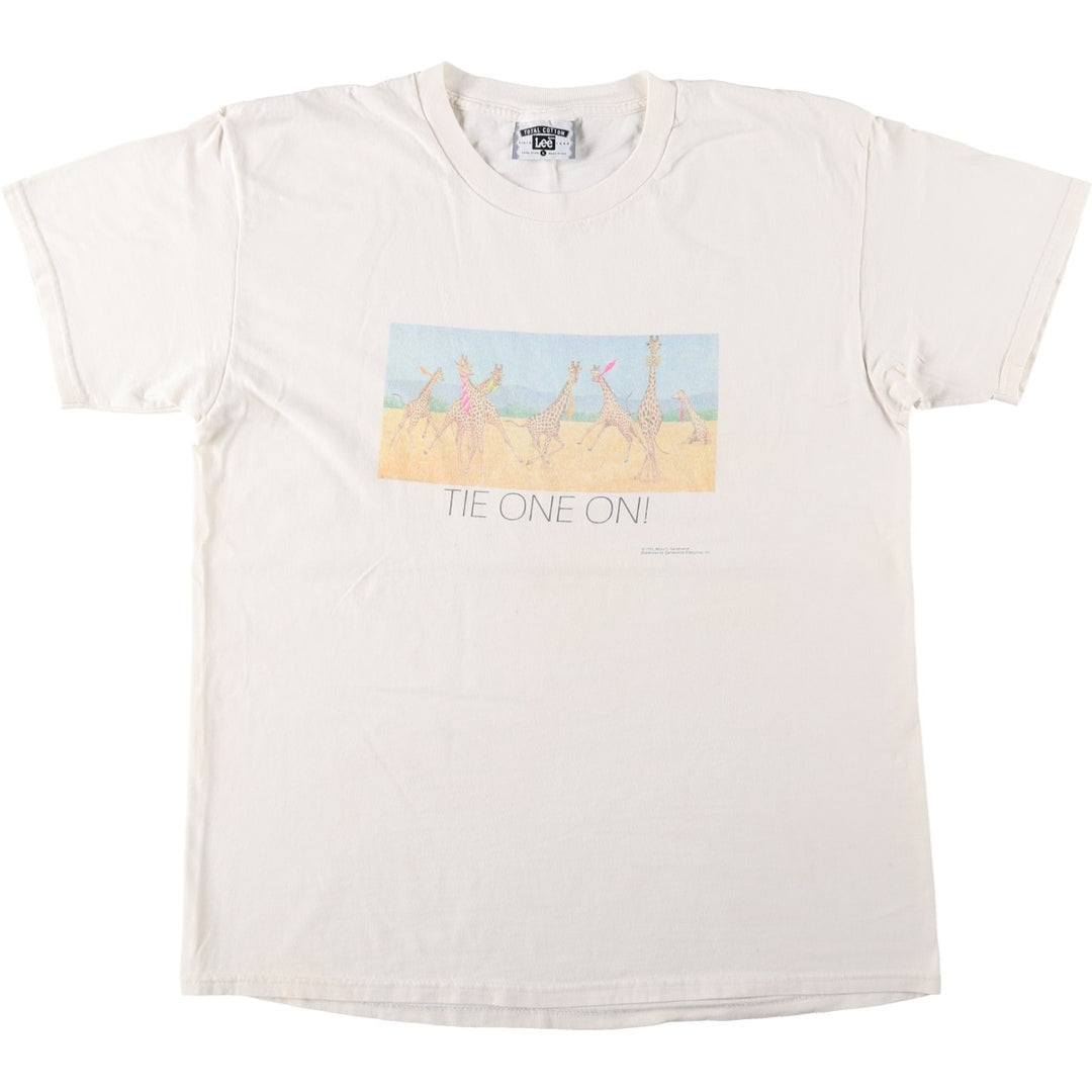 90'S Lee Giraffe Pattern Animal T-Shirt, Made in USA, Men's Size L (Equivalent), Vintage cotton white type Vintage Second Hand
