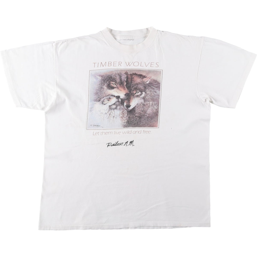 Wolf Pattern Animal T-Shirt, Men's XL (approx.) unclear white type Vintage Second Hand