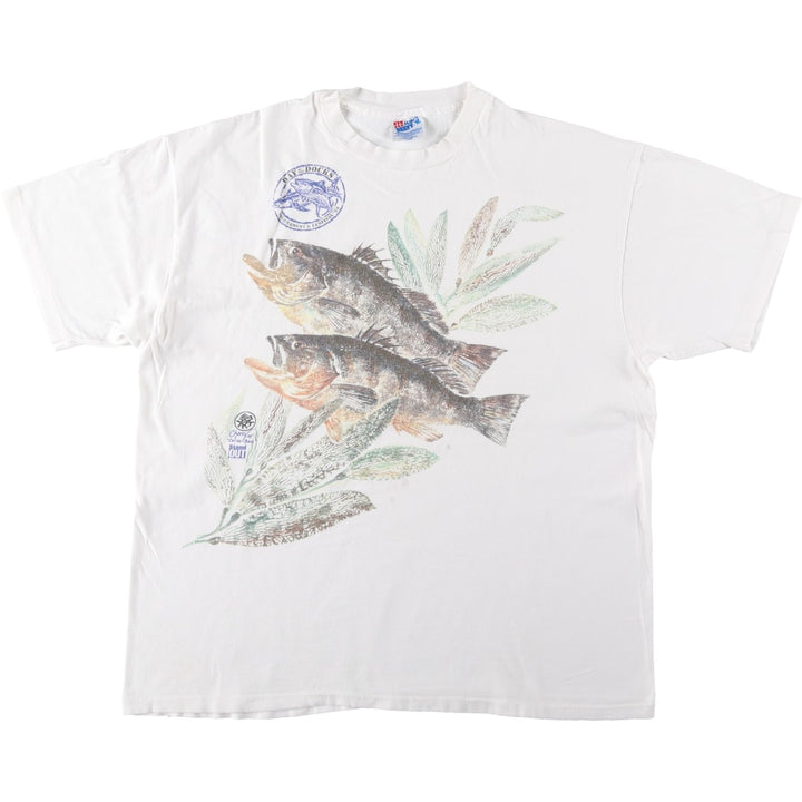 90'S Hanes BEEFY-T Fish Print Animal T-Shirt, Made in USA, Men's XL equivalent, Vintage cotton white type Vintage Second Hand