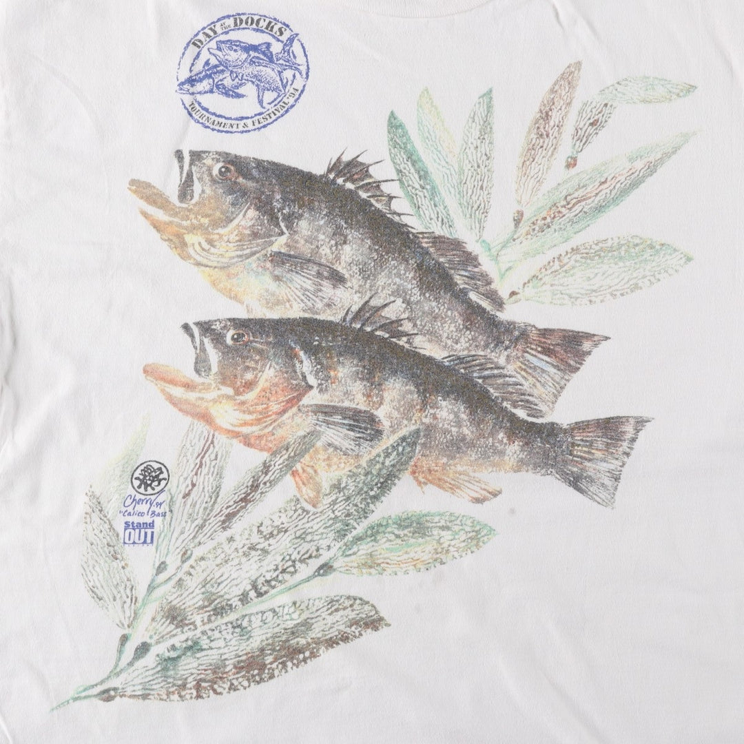90'S Hanes BEEFY-T Fish Print Animal T-Shirt, Made in USA, Men's XL equivalent, Vintage cotton white type Vintage Second Hand