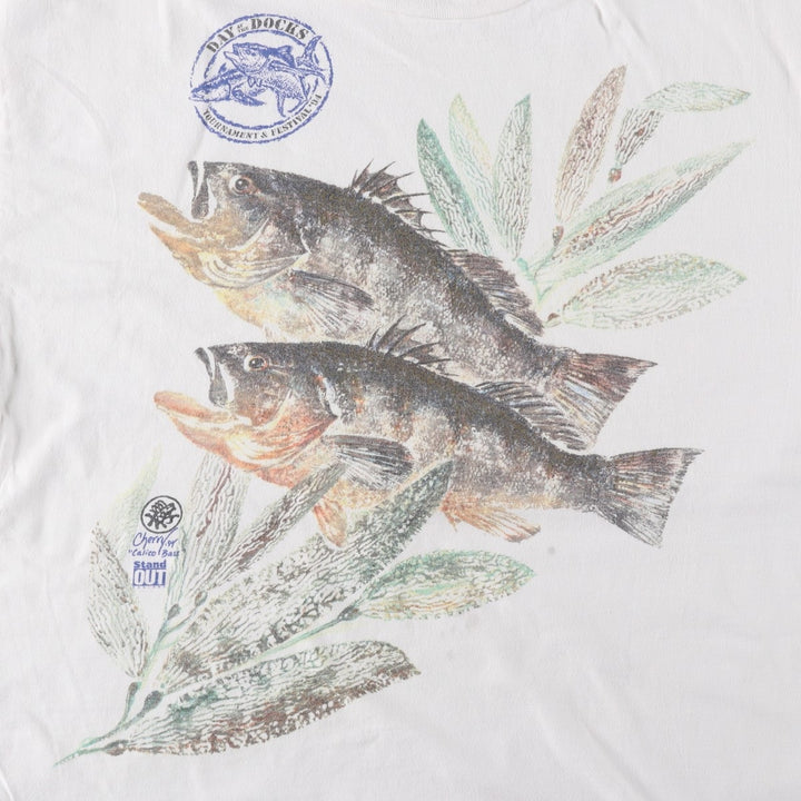 90'S Hanes BEEFY-T Fish Print Animal T-Shirt, Made in USA, Men's XL equivalent, Vintage cotton white type Vintage Second Hand