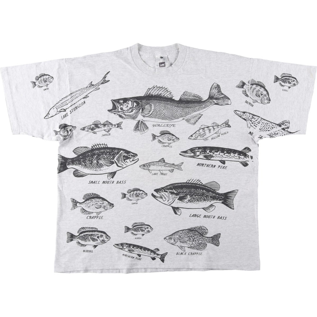 90'S Lee Fish Print Animal T-Shirt, Made in USA, Men's XXL equivalent, Vintage cotton pale white type Vintage Second Hand