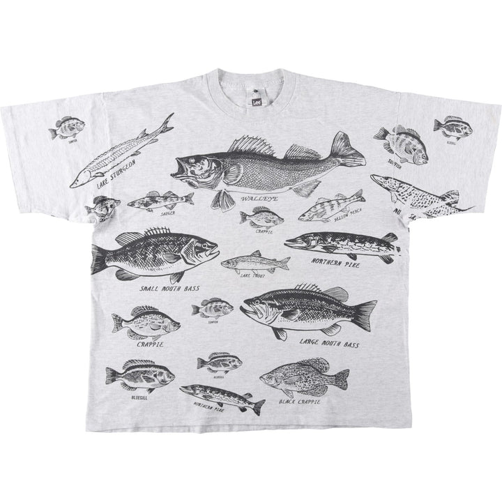 90'S Lee Fish Print Animal T-Shirt, Made in USA, Men's XXL equivalent, Vintage cotton pale white type Vintage Second Hand