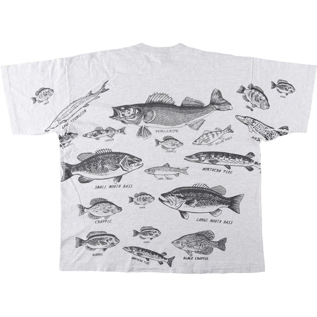 90'S Lee Fish Print Animal T-Shirt, Made in USA, Men's XXL equivalent, Vintage cotton pale white type Vintage Second Hand