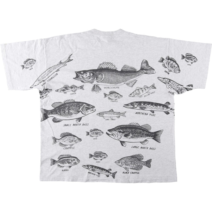 90'S Lee Fish Print Animal T-Shirt, Made in USA, Men's XXL equivalent, Vintage cotton pale white type Vintage Second Hand