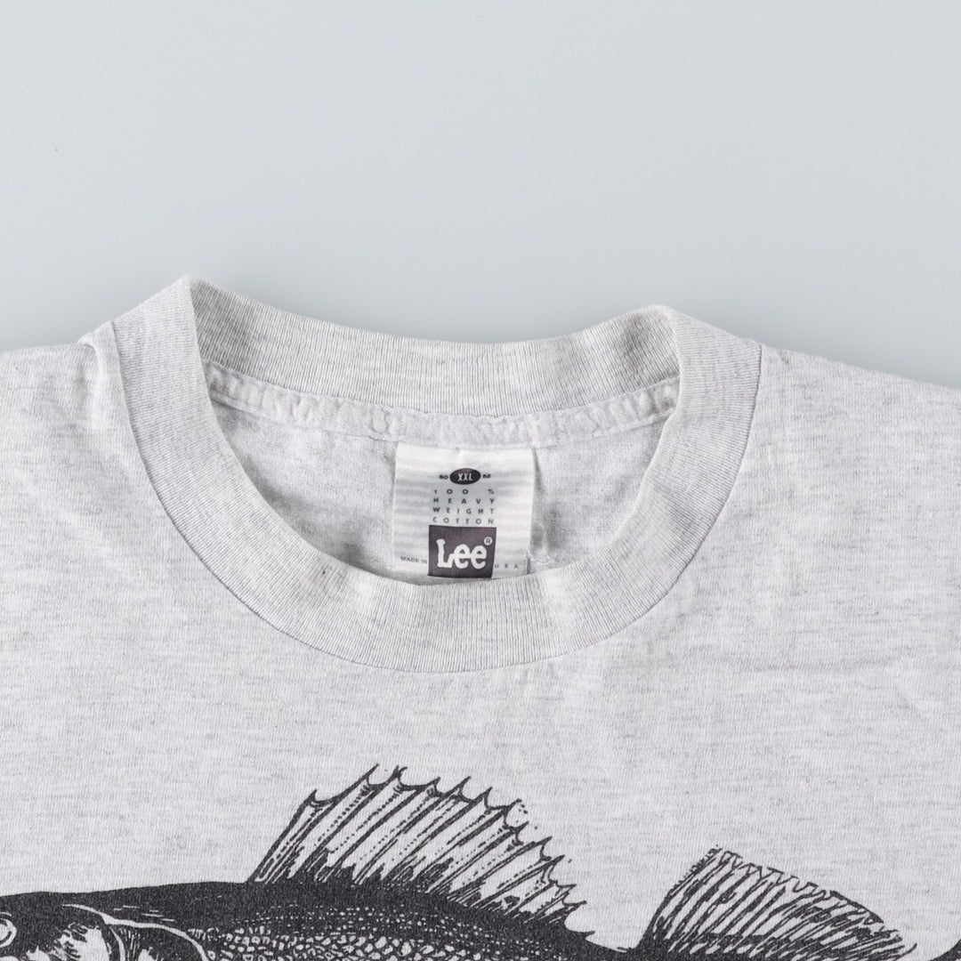 90'S Lee Fish Print Animal T-Shirt, Made in USA, Men's XXL equivalent, Vintage cotton pale white type Vintage Second Hand