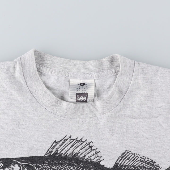 90'S Lee Fish Print Animal T-Shirt, Made in USA, Men's XXL equivalent, Vintage cotton pale white type Vintage Second Hand