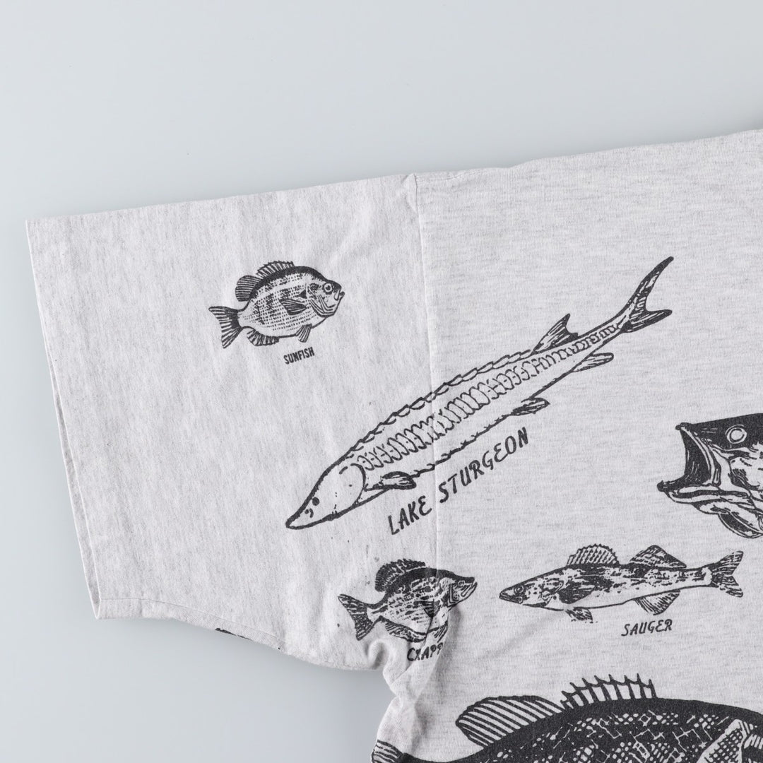 90'S Lee Fish Print Animal T-Shirt, Made in USA, Men's XXL equivalent, Vintage cotton pale white type Vintage Second Hand