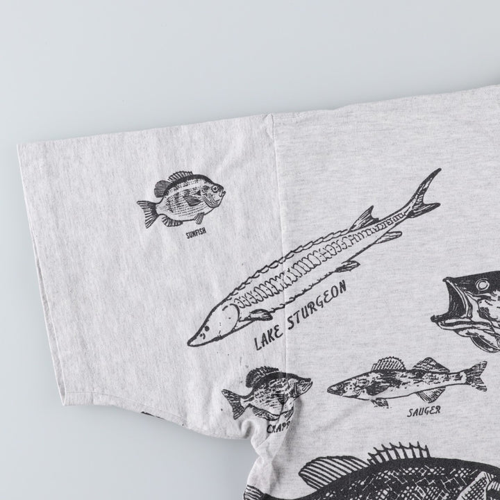 90'S Lee Fish Print Animal T-Shirt, Made in USA, Men's XXL equivalent, Vintage cotton pale white type Vintage Second Hand
