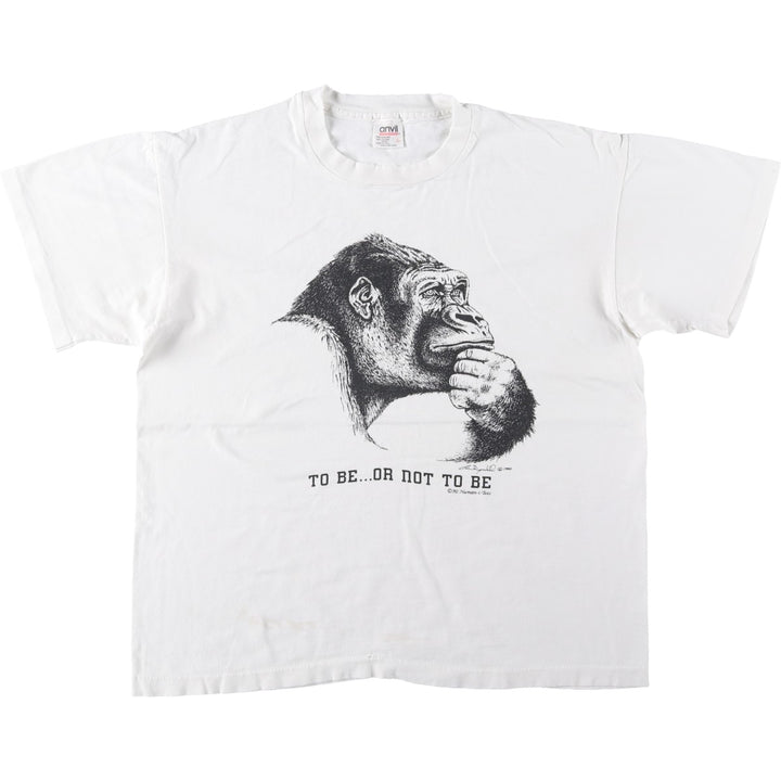 90'S Anvil Gorilla Pattern Animal T-Shirt, Made in USA, Men's Size L (approx.) cotton white type Vintage Second Hand