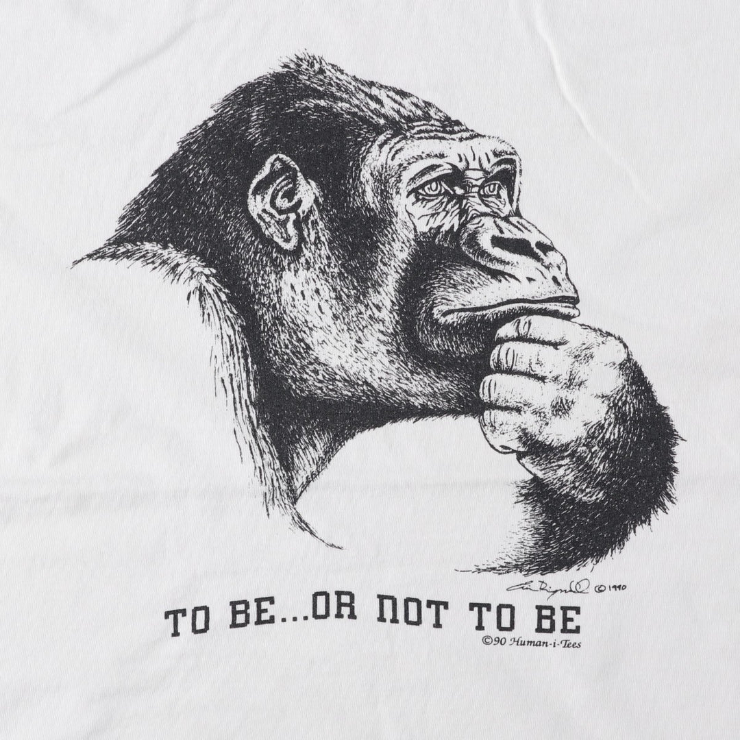 90'S Anvil Gorilla Pattern Animal T-Shirt, Made in USA, Men's Size L (approx.) cotton white type Vintage Second Hand