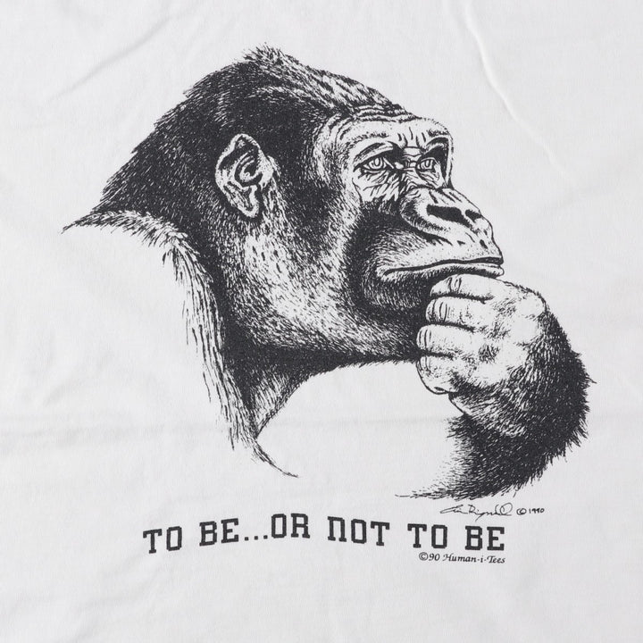 90'S Anvil Gorilla Pattern Animal T-Shirt, Made in USA, Men's Size L (approx.) cotton white type Vintage Second Hand