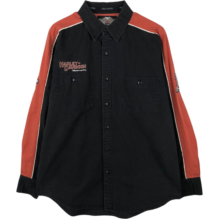 Harley-Davidson Stars and Stripes Pattern Hidden Button-Down Long-Sleeve Work Shirt, Men's Size M (approx.) cotton black type Vintage Second Hand