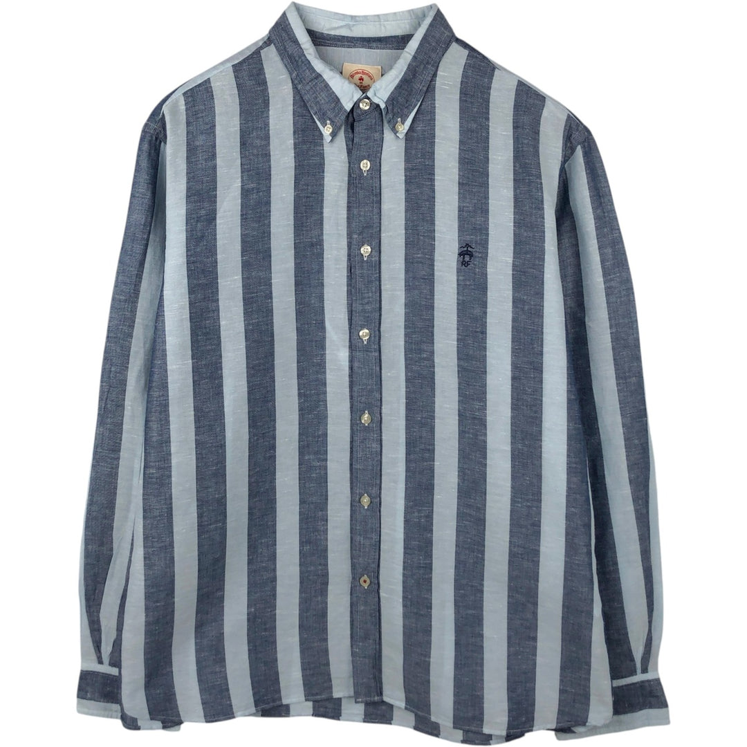 Brooks Brothers RED FLEECE Stripe Pattern Long-Sleeve Linen Button-Down Shirt, Men's Size XXL (approx.) linen navy blue type Vintage Second Hand