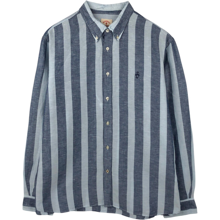 Brooks Brothers RED FLEECE Stripe Pattern Long-Sleeve Linen Button-Down Shirt, Men's Size XXL (approx.) linen navy blue type Vintage Second Hand