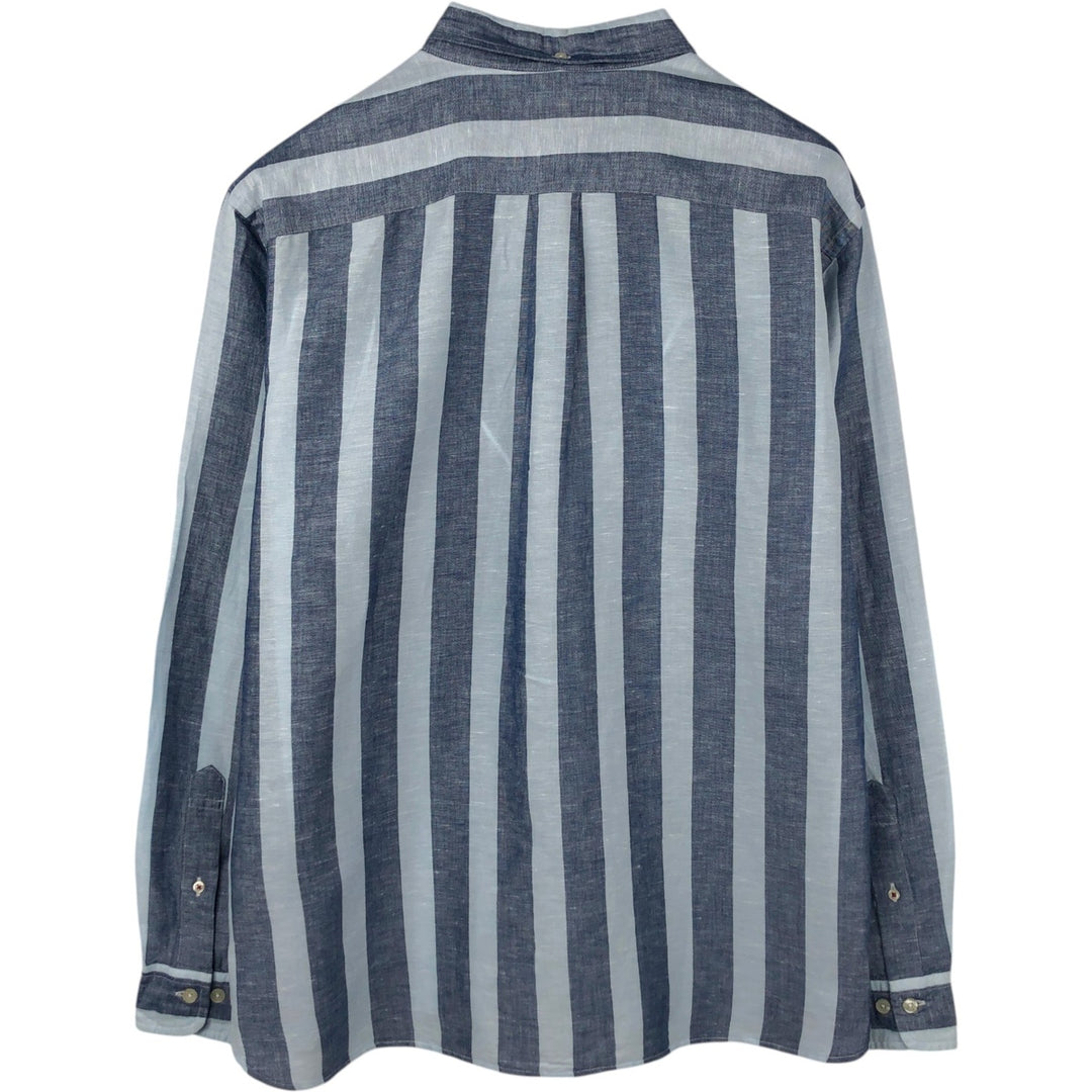 Brooks Brothers RED FLEECE Stripe Pattern Long-Sleeve Linen Button-Down Shirt, Men's Size XXL (approx.) linen navy blue type Vintage Second Hand