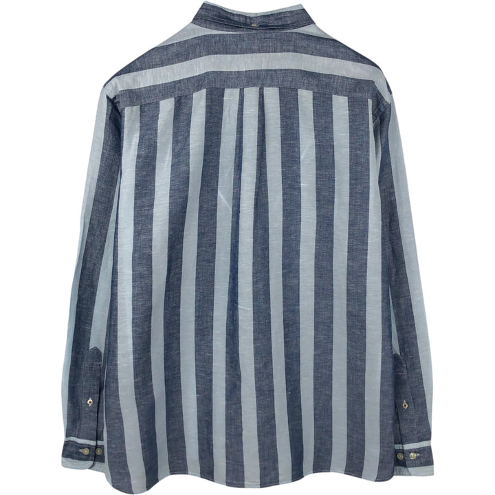 Brooks Brothers RED FLEECE Stripe Pattern Long-Sleeve Linen Button-Down Shirt, Men's Size XXL (approx.) linen navy blue type Vintage Second Hand