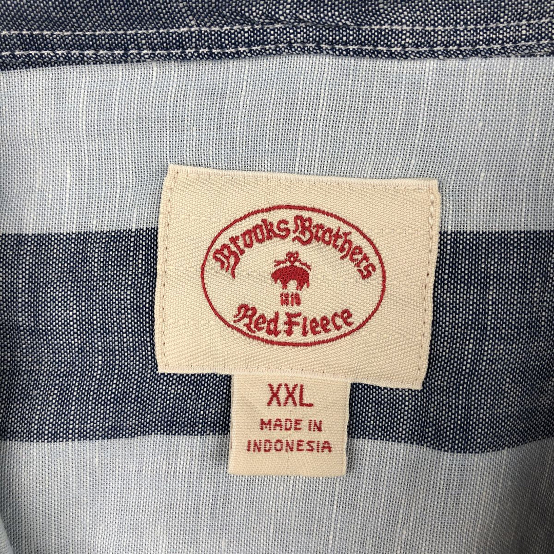Brooks Brothers RED FLEECE Stripe Pattern Long-Sleeve Linen Button-Down Shirt, Men's Size XXL (approx.) linen navy blue type Vintage Second Hand