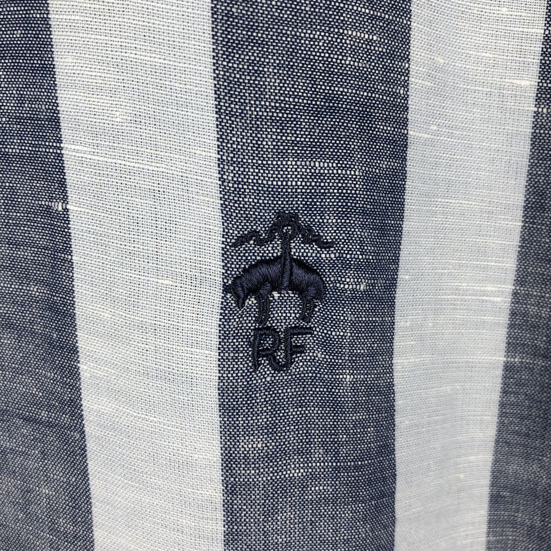 Brooks Brothers RED FLEECE Stripe Pattern Long-Sleeve Linen Button-Down Shirt, Men's Size XXL (approx.) linen navy blue type Vintage Second Hand