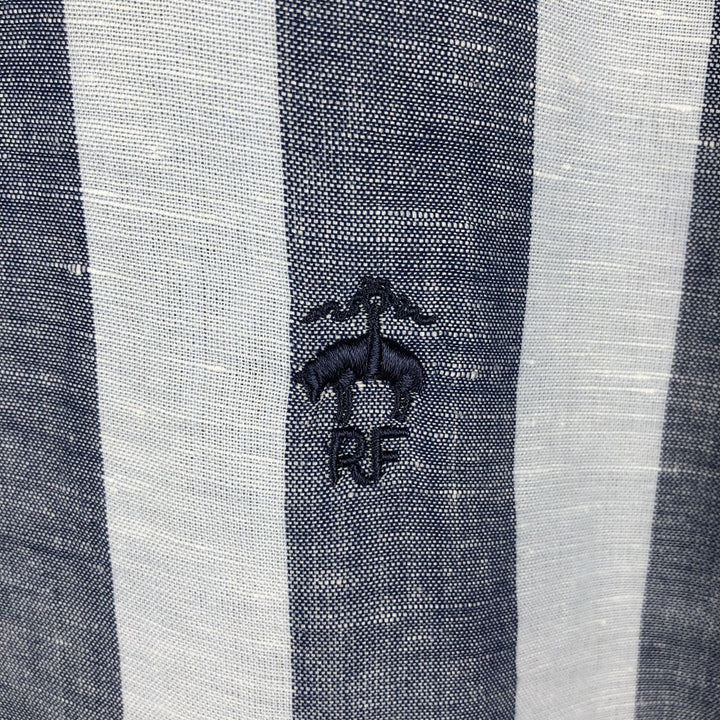 Brooks Brothers RED FLEECE Stripe Pattern Long-Sleeve Linen Button-Down Shirt, Men's Size XXL (approx.) linen navy blue type Vintage Second Hand