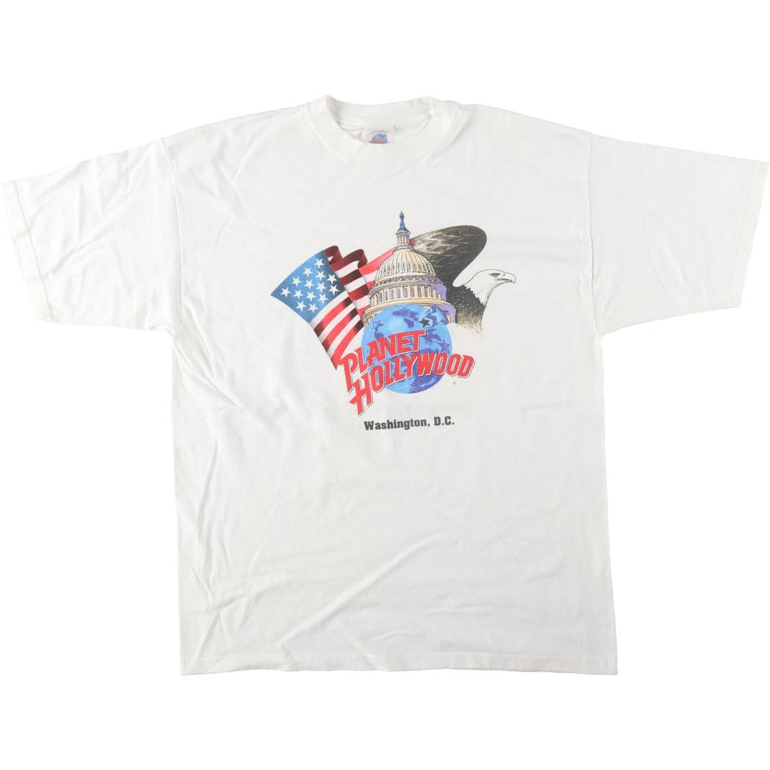 90'S Planet Hollywood Eagle Pattern Stars and Stripes Advertising T-Shirt, Made in USA, Men's XL equivalent, Vintage cotton white type Vintage Second Hand
